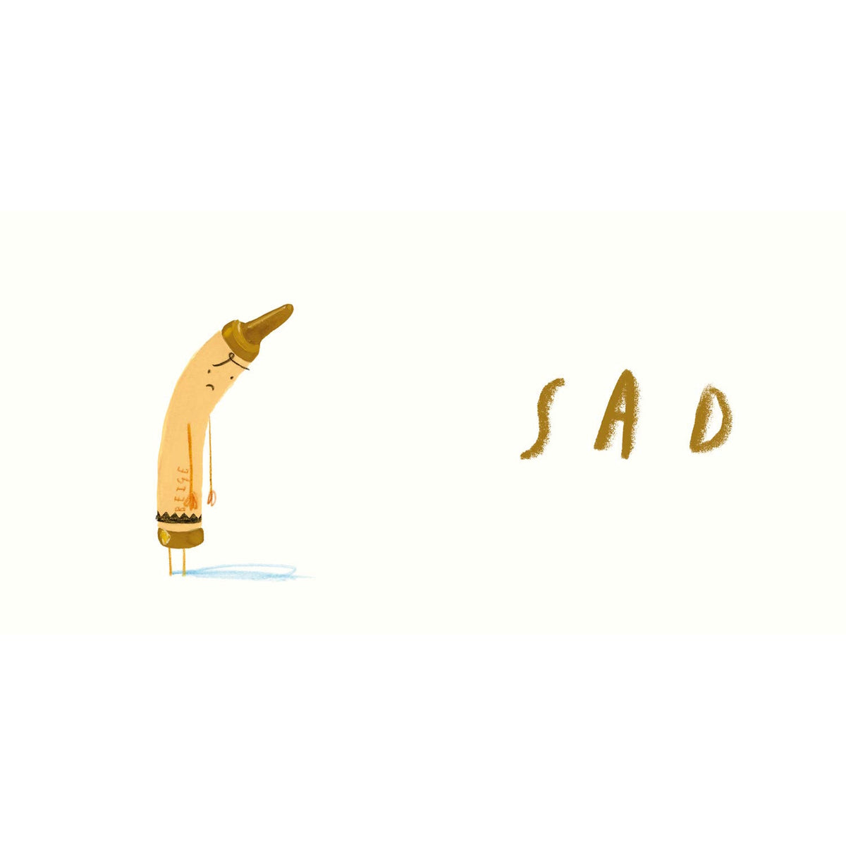 A beige crayon with a slumped posture and sad expression standing over a blue puddle next to the word "SAD" in gold text.