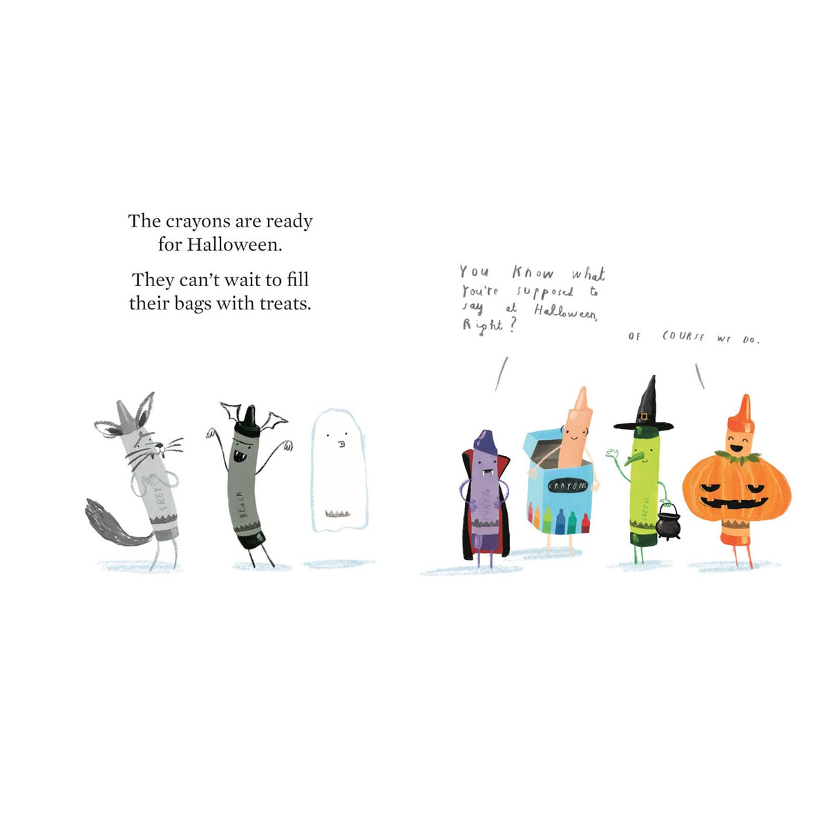An illustration of crayons in Halloween costumes, including a werewolf, bat, ghost, vampire, witch, and pumpkin.