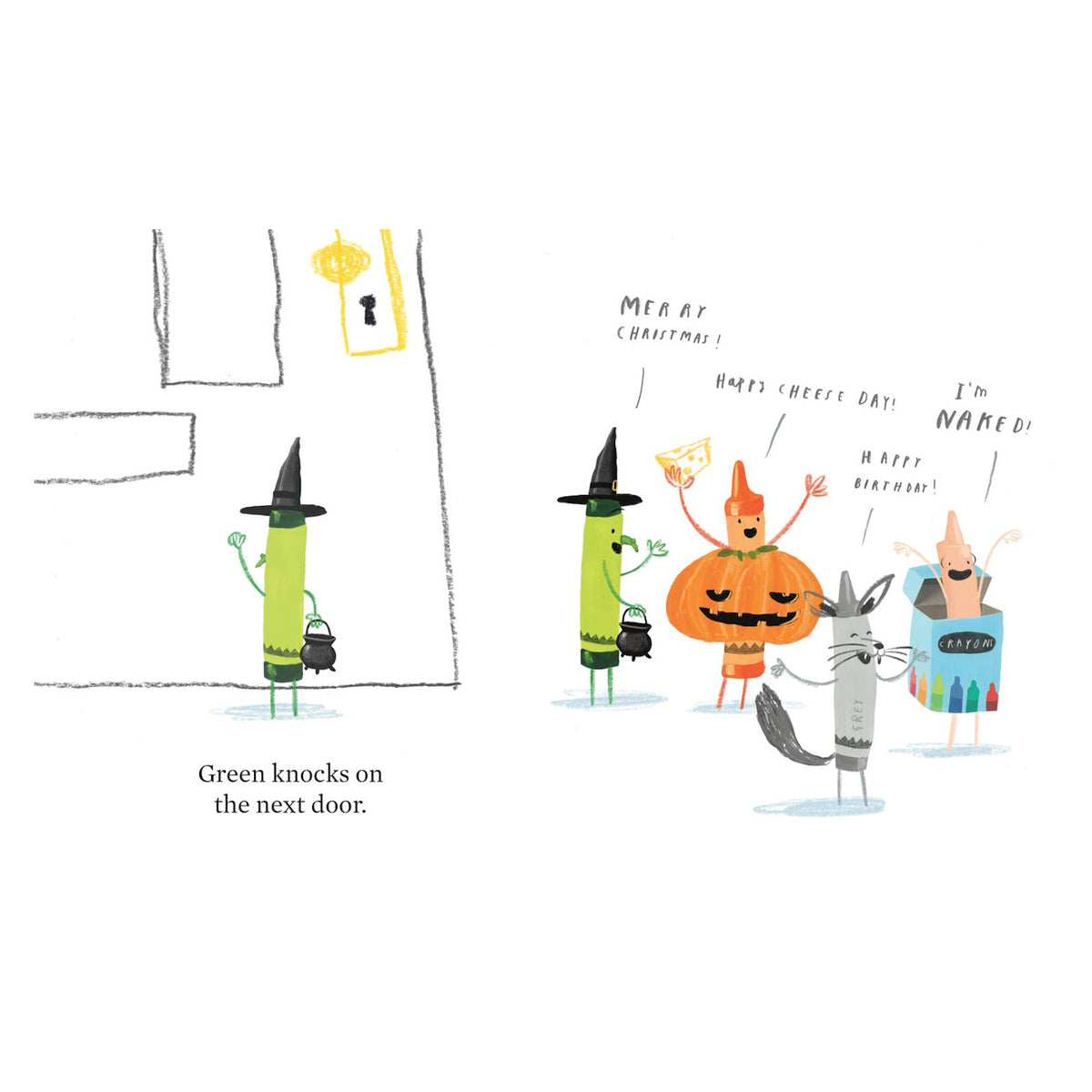 Whimsical illustration of crayons in Halloween costumes: a green witch, orange pumpkin, grey werewolf, and peach crayon.