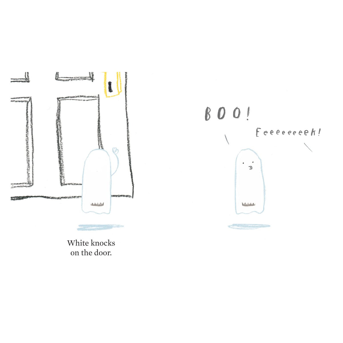 Illustration of a white crayon in a ghost costume knocking on a door and shouting boo for Halloween trick-or-treating.