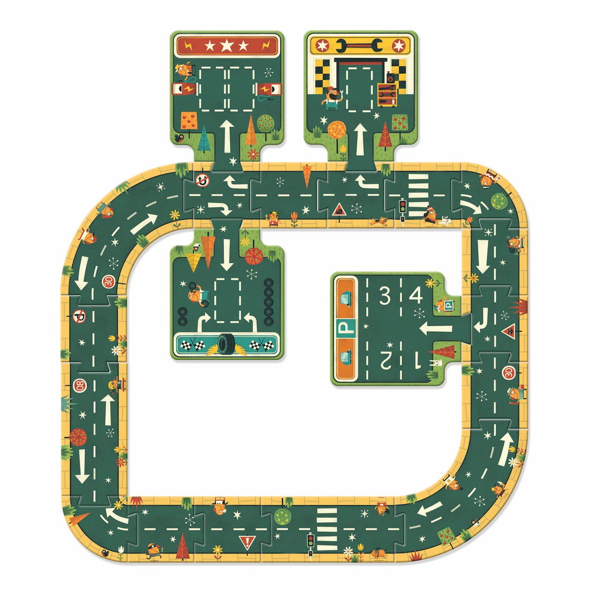 A 21-piece giant puzzle by Djeco, featuring a colorful and imaginative road layout with various intersections, ramps, and parking areas.