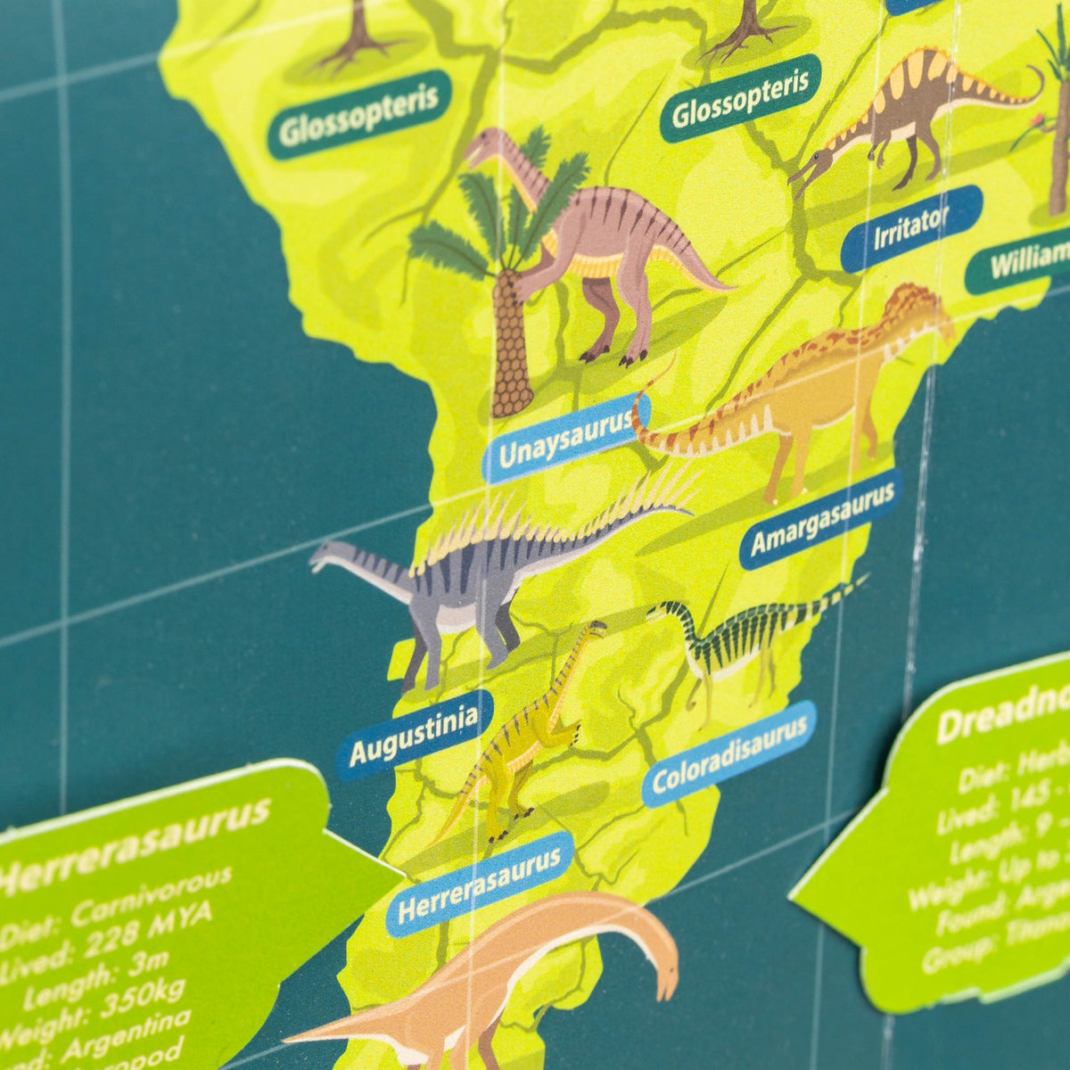 Close-up of a dinosaur map featuring illustrated dinosaurs labeled on South America with info callout boxes.
