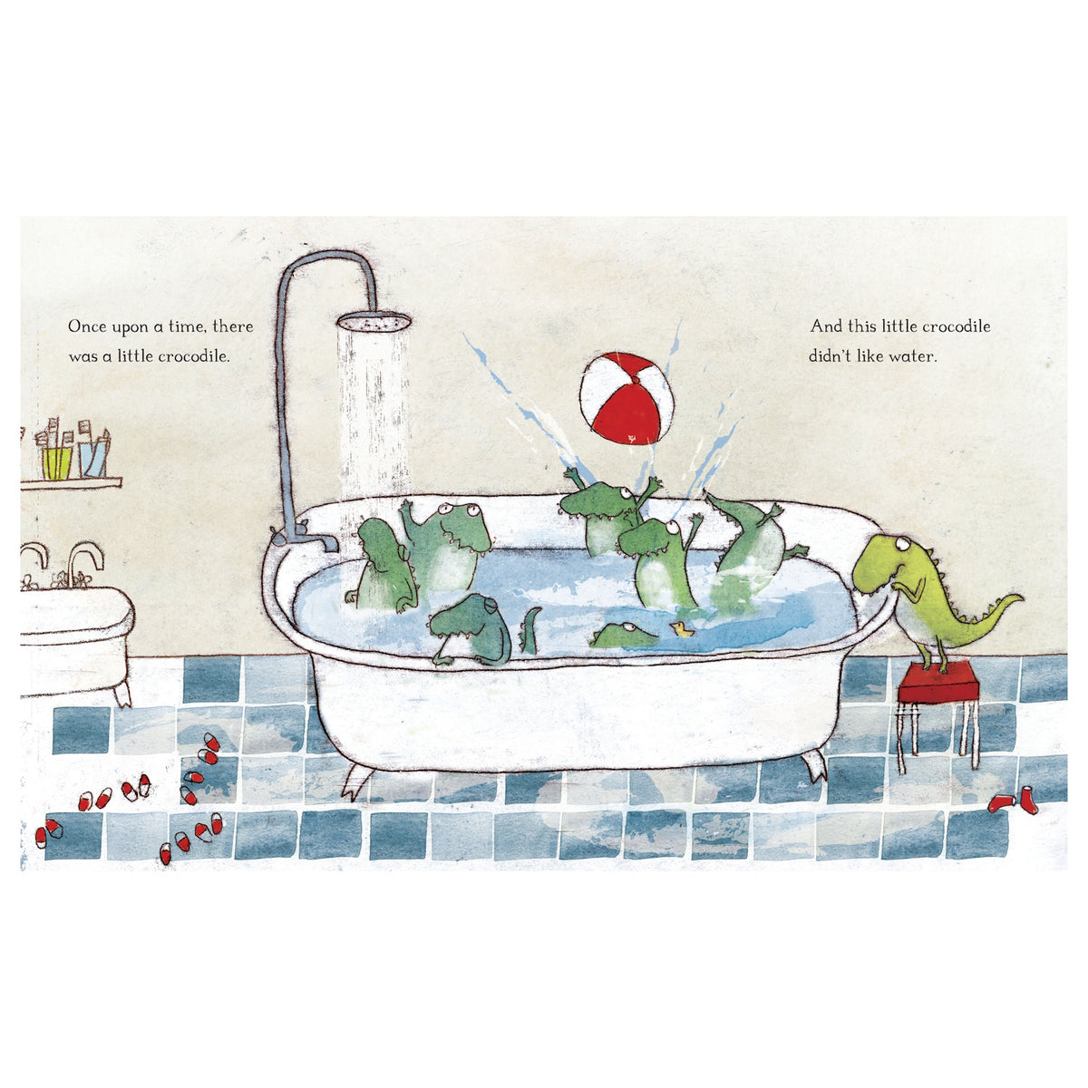 Illustration of crocodiles playing in a bathtub from "The Crocodile Who Didn't Like Water" children's book.