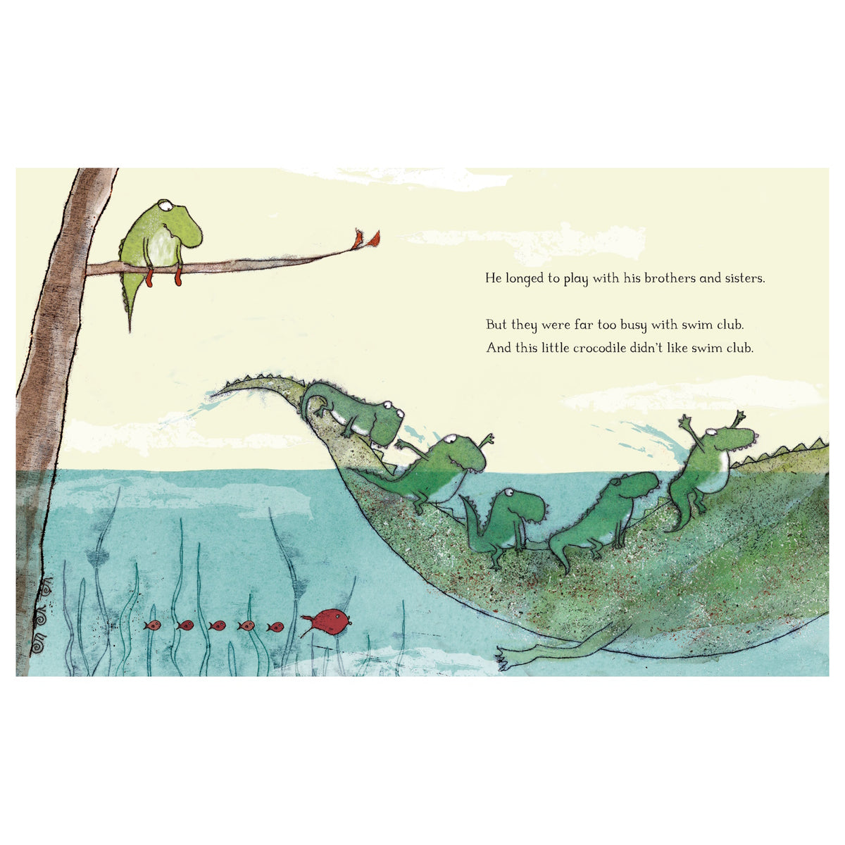 Illustration from The Crocodile Who Didn't Like Water: a green crocodile sits on a tree while others play in the water.