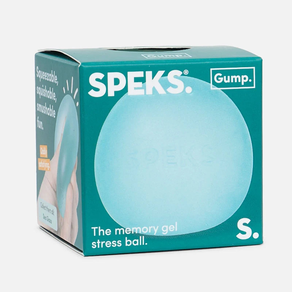 Teal Speks Gump memory gel stress ball product box on a white background.