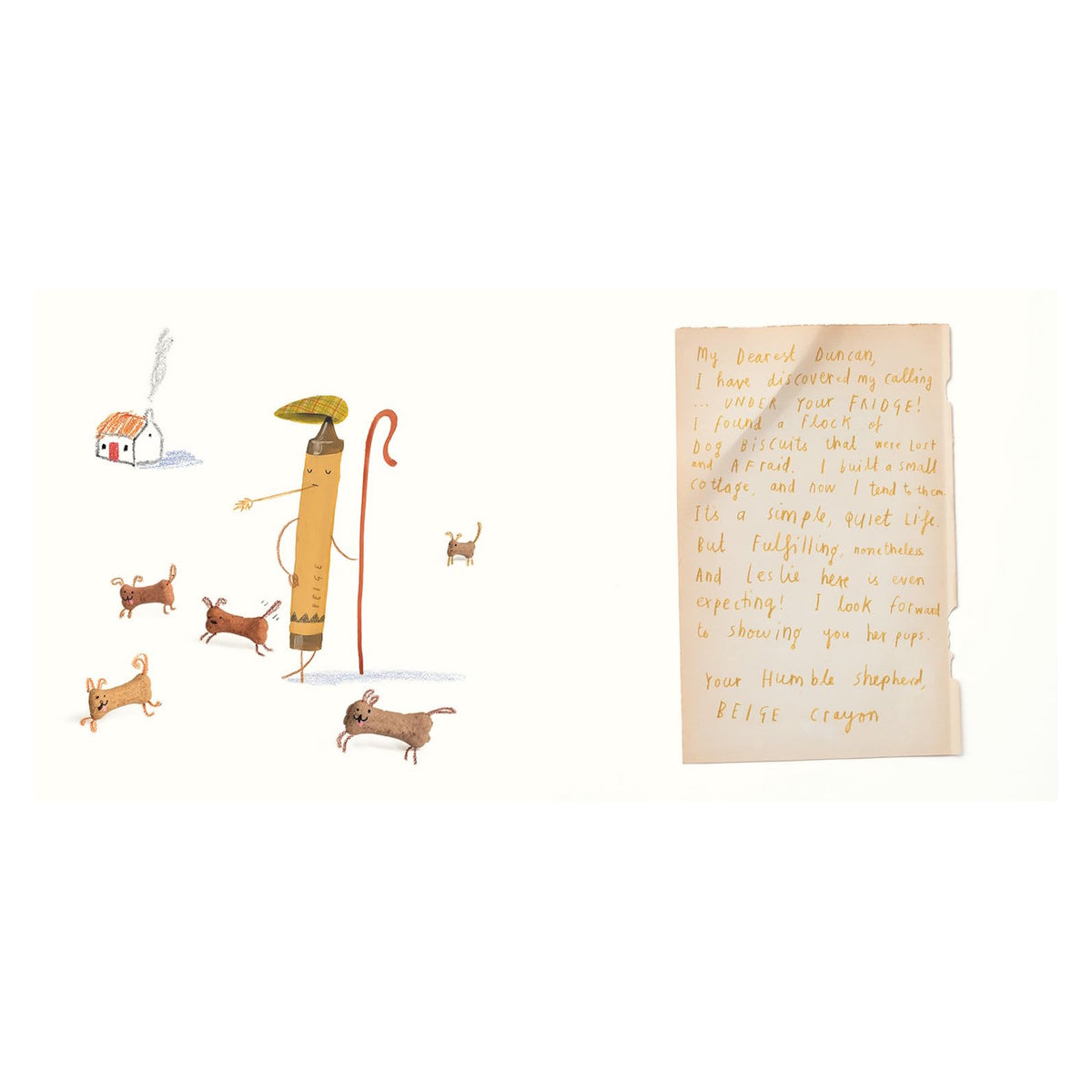 Illustration of Beige Crayon dressed as a shepherd with a staff, herding dog biscuits next to a handwritten letter.