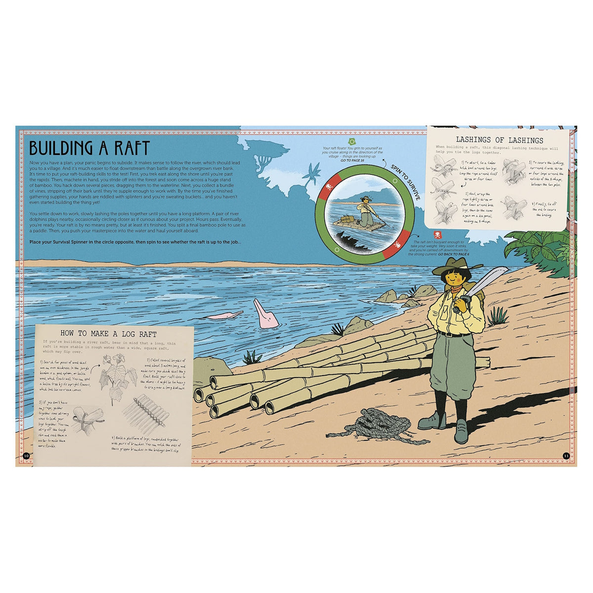 Book page on building a raft, featuring survival instructions, diagrams, and an adventurer by a river.