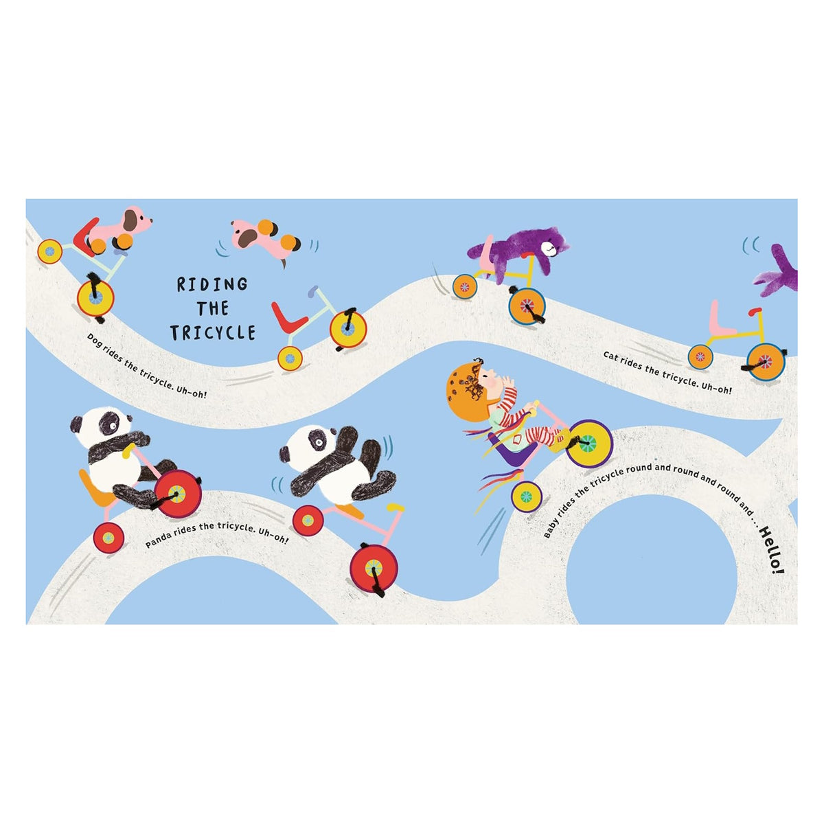 Children's book illustration of animals and a baby riding tricycles on a winding path with "Riding the Tricycle" text.