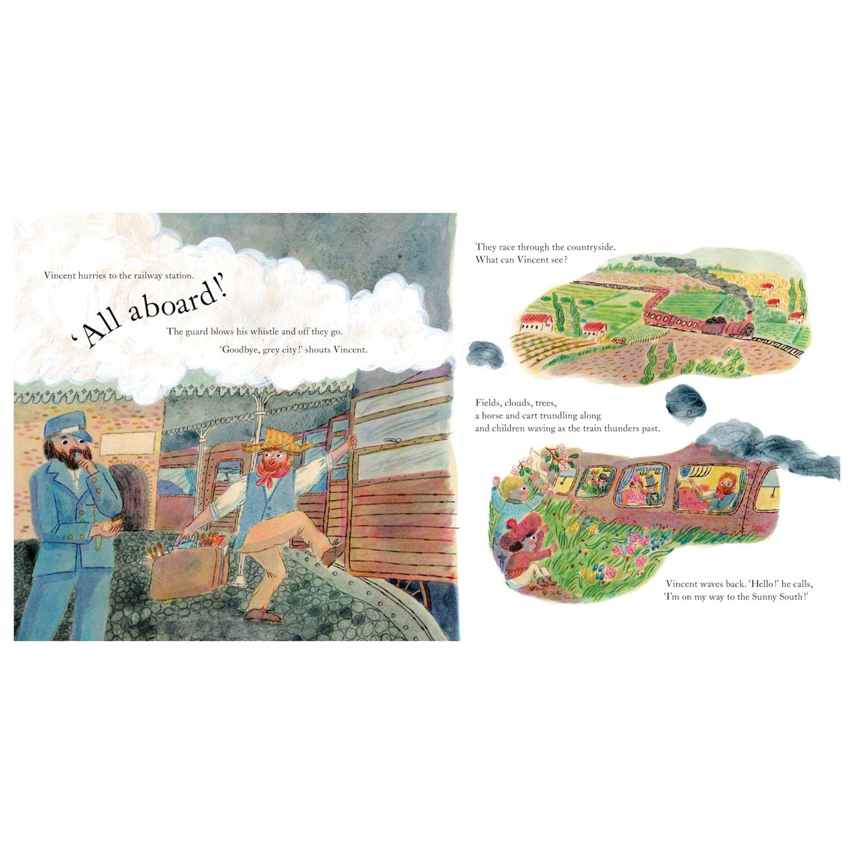 Illustration of Vincent van Gogh boarding a train and waving from a window in a colorful children's book.