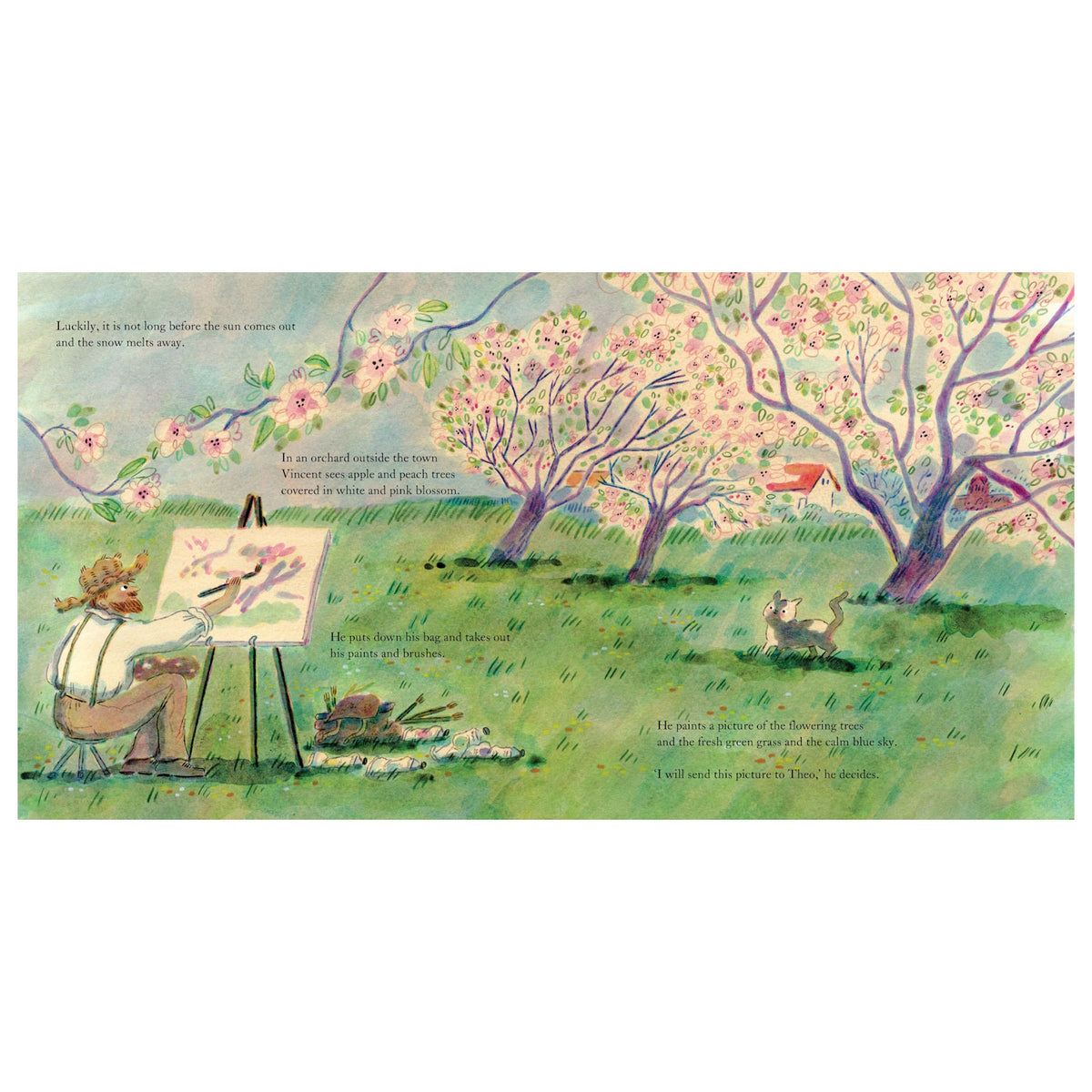 Illustration of Vincent van Gogh painting pink blossoming trees in a sunlit orchard with a cat nearby in a meadow.