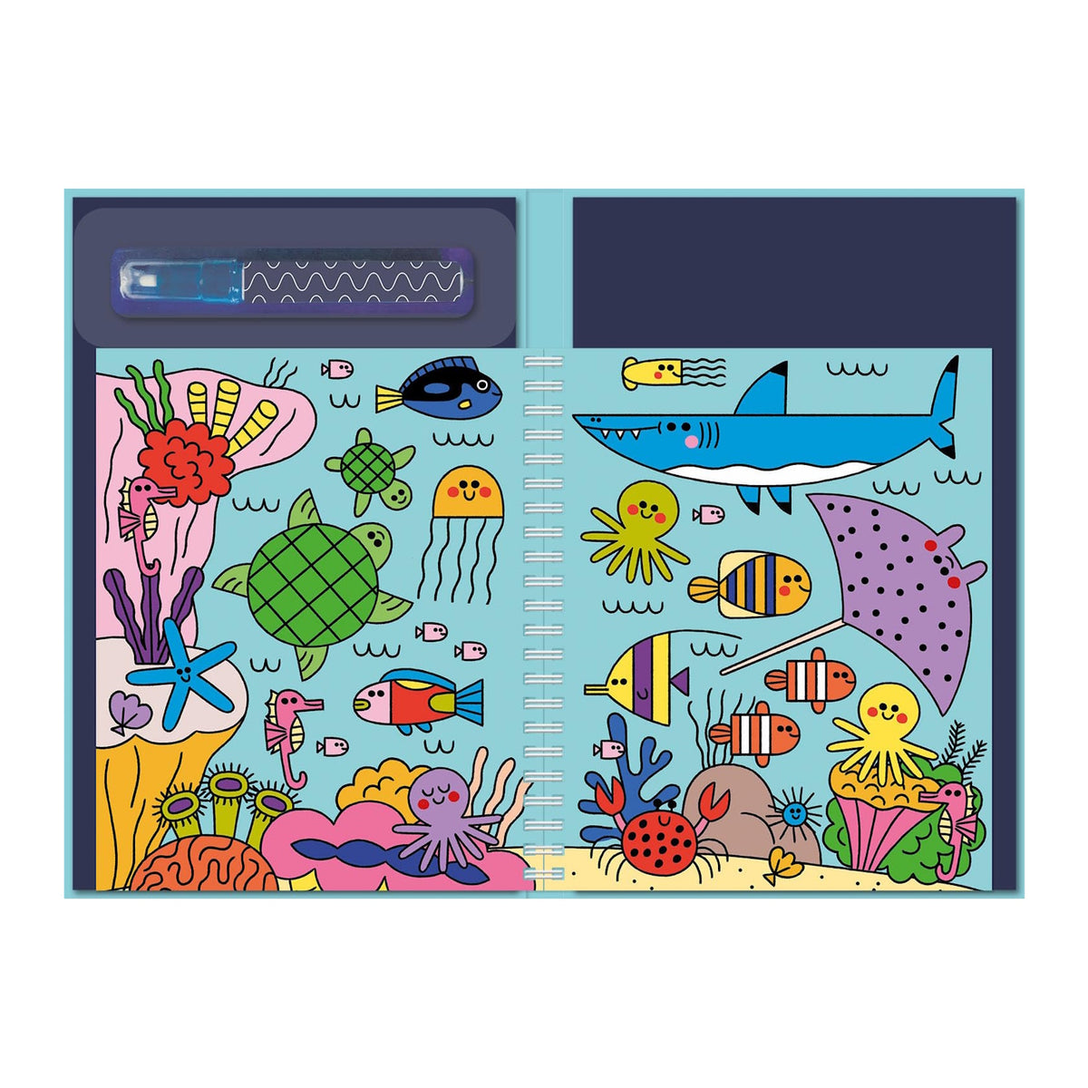 Cartoon-style ocean scene in a notebook with colorful sea creatures: shark, fish, turtle, jellyfish, octopus, and coral. Playful and vibrant.
