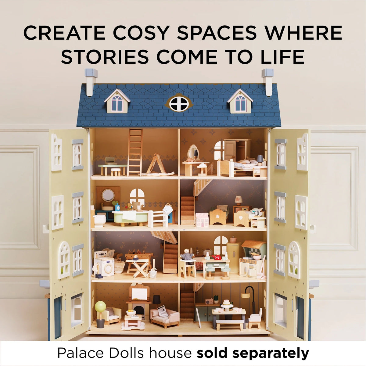 Open wooden dollhouse with four floors furnished with pastel miniature room sets.