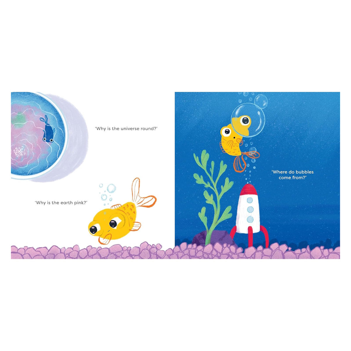 Children's book illustration of a goldfish asking questions in an aquarium with a toy rocket.