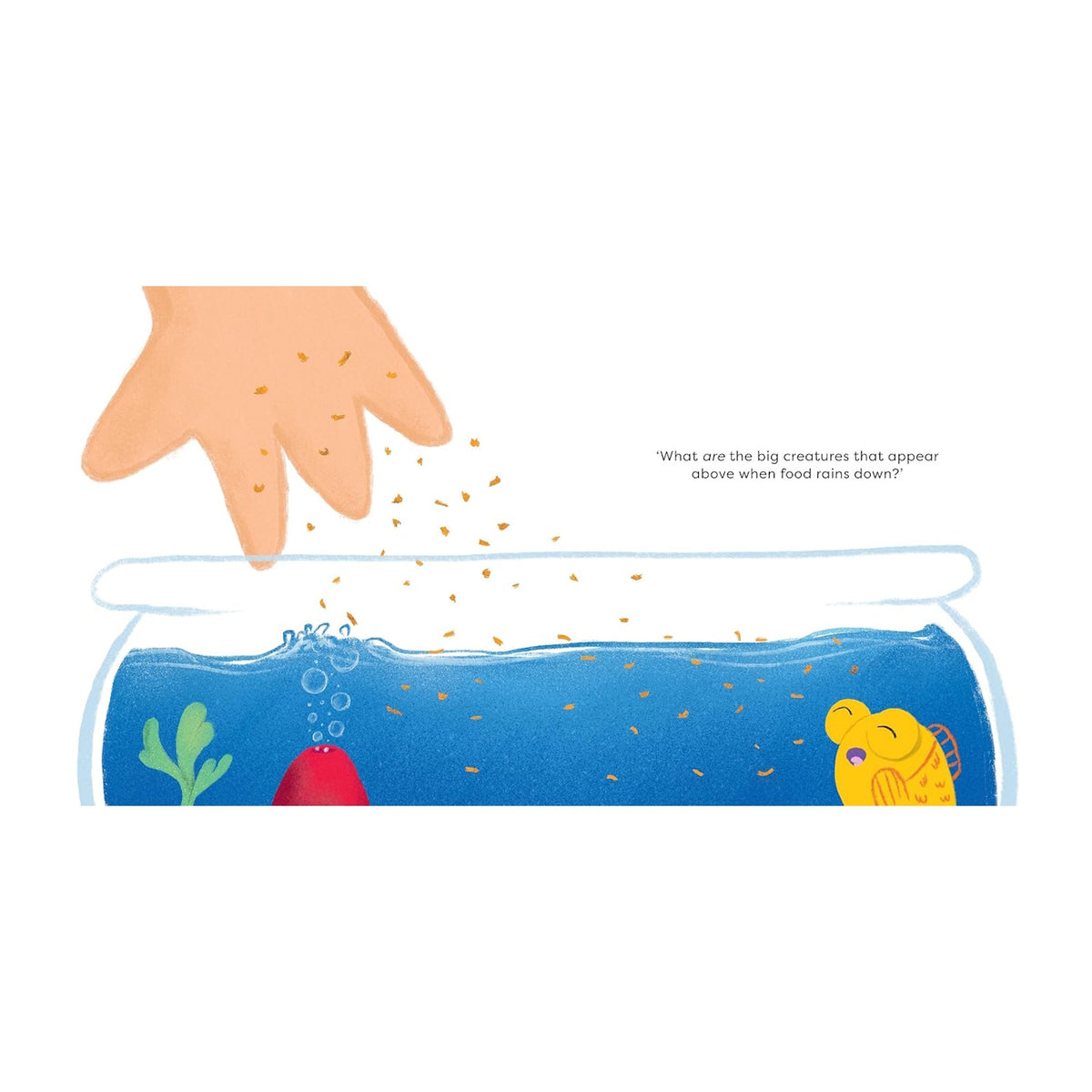 Illustration of a human hand feeding a yellow goldfish in a fishbowl from Derek children's book.