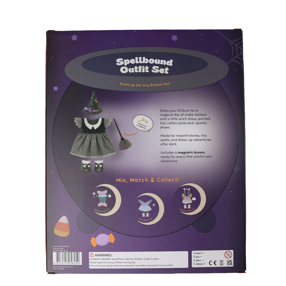 Back of packaging for a witch outfit set displaying dress details, accessories, and product info.