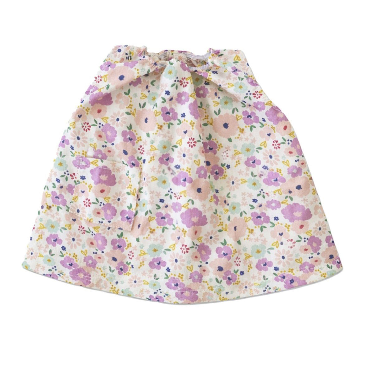 Olli Ella Dinkum Doll Suki Dress with a purple and pink floral pattern and a small front pocket.