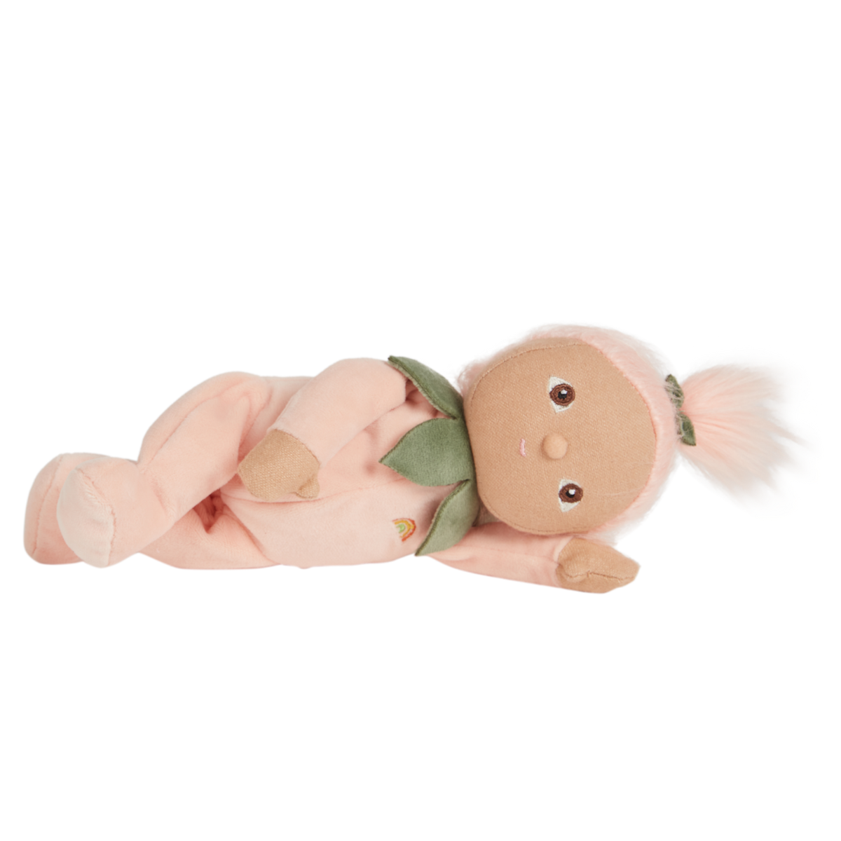Olli Ella Dinky Dinkums Peggy Peach plush baby doll lying down.