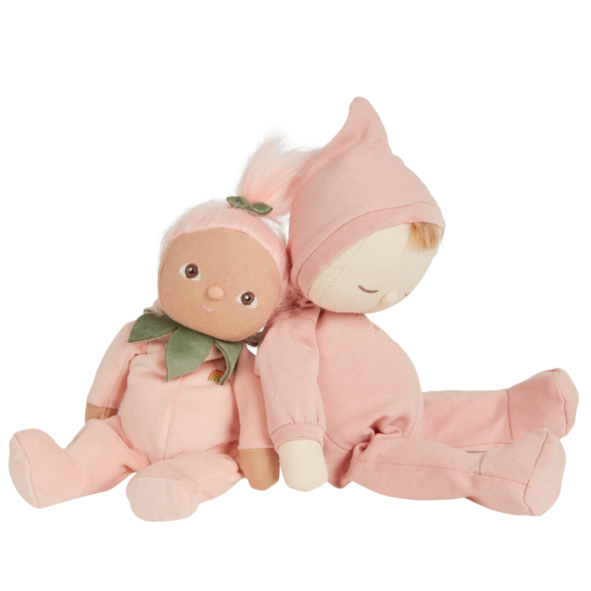 Two Olli Ella Dinky Dinkums Fruity Cuties Peggy Peach plush dolls sitting together.