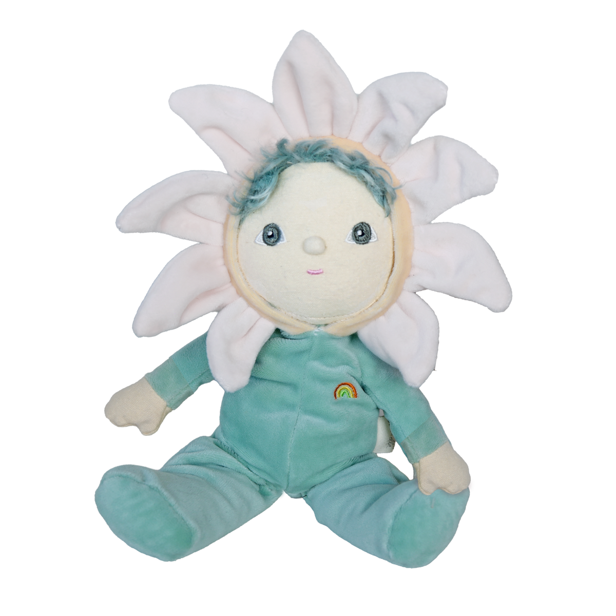 Olli Ella Dinky Dinkums Lily the Flower Doll plush toy in a mint green outfit with a white petal hood.
