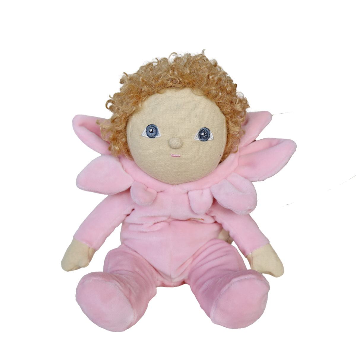 Dinky Dinkum Magnolia doll with curly blonde hair in a pink flower costume against a white background.