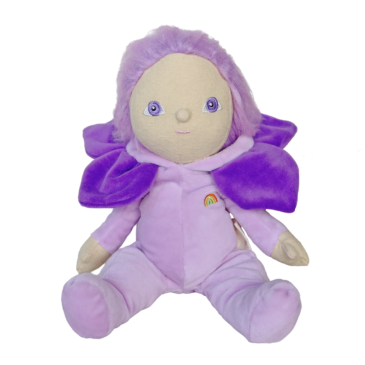 Dinky Dinkums Violet plush doll wearing a purple flower petal collar on a white background.