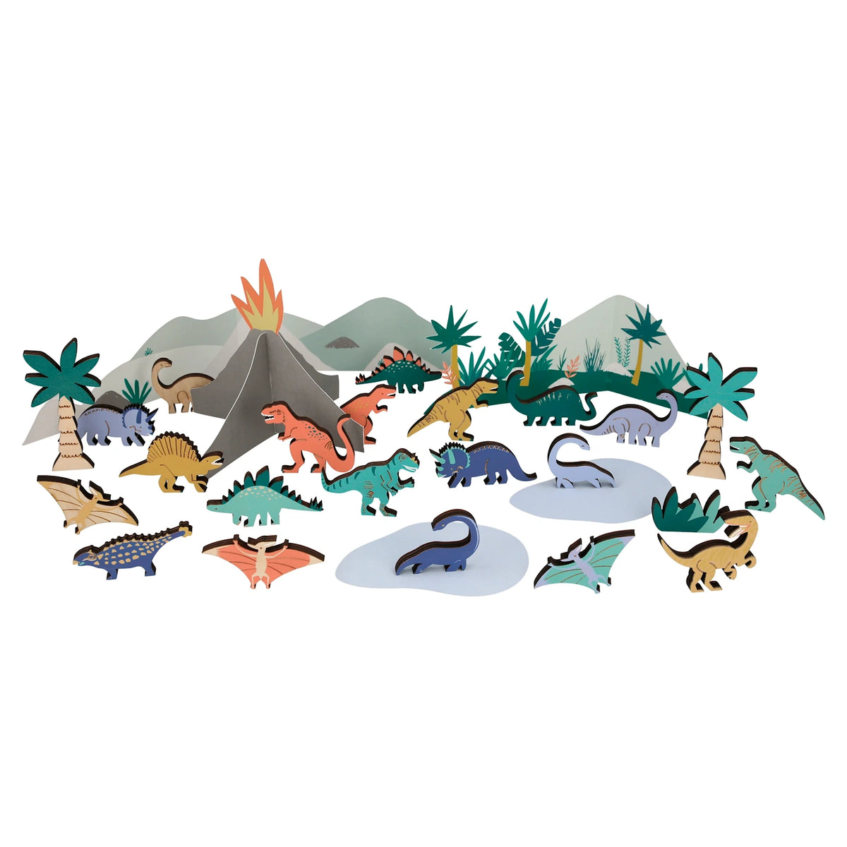 Colorful wooden dinosaur figures gathered around paper palm trees and an erupting volcano.
