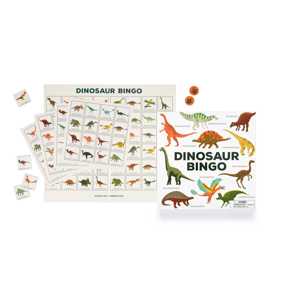 Game set featuring "Dinosaur Bingo" box, large board with illustrated dinosaurs, and small dinosaur tokens. Vibrant colors create an engaging, playful vibe.