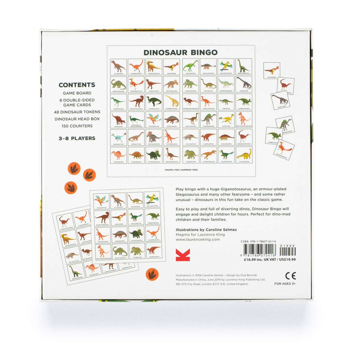 Back of a Dinosaur Bingo game box featuring colorful illustrations of various dinosaurs on bingo cards. Includes game contents and instructions. Fun and educational for 3-8 players, ages 3+.