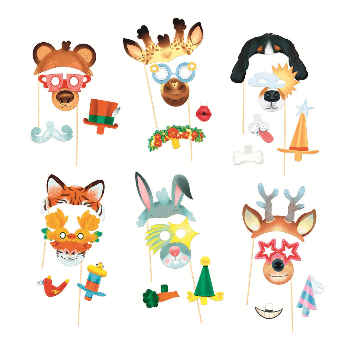 A kit featuring fun, customisable animal masks with colourful decorations for creative party activities or dress-up play.