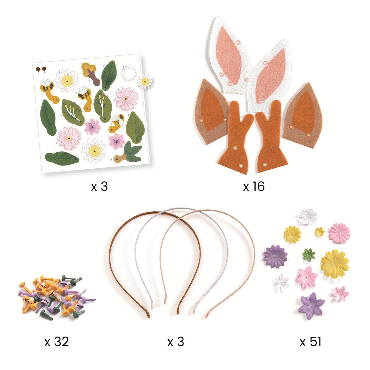A DIY craft kit with colourful floral pieces for children to create and wear their own cheerful, nature-inspired headbands.