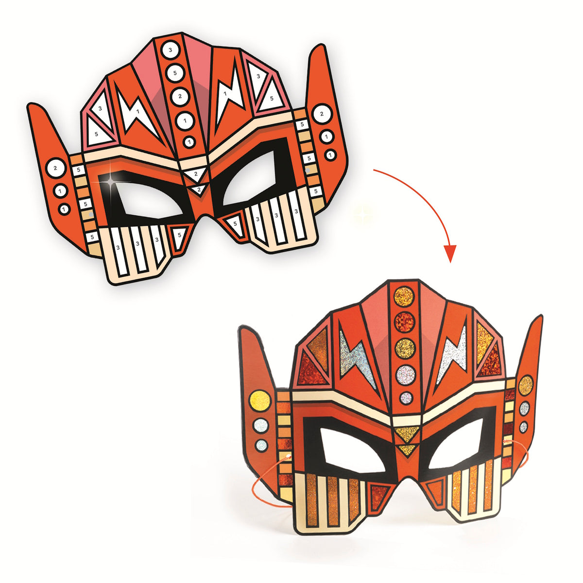 A kit featuring bold, futuristic robot mask templates decorated with shiny mosaic stickers for creative, hands-on fun.