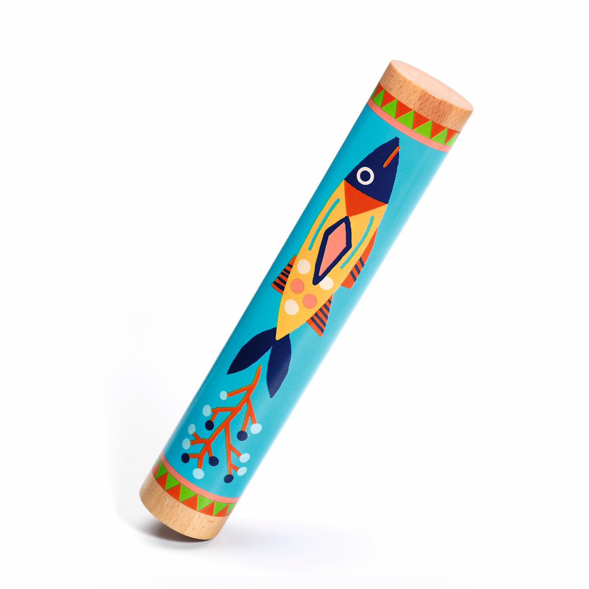 Colorful wooden rainmaker toy for kids featuring a painted fish design on a bright blue background.