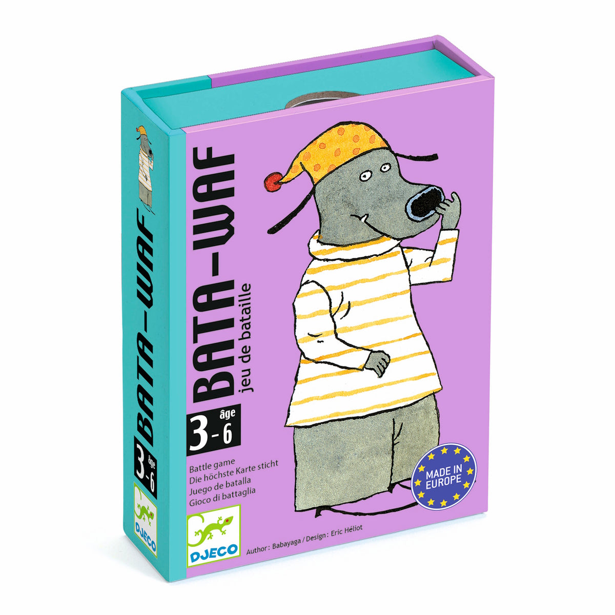 Box for "Bata-Waf" card game by Djeco for ages 3-6. Features a cartoon dog in a striped sweater and polka-dot hat. Bright and playful design.
