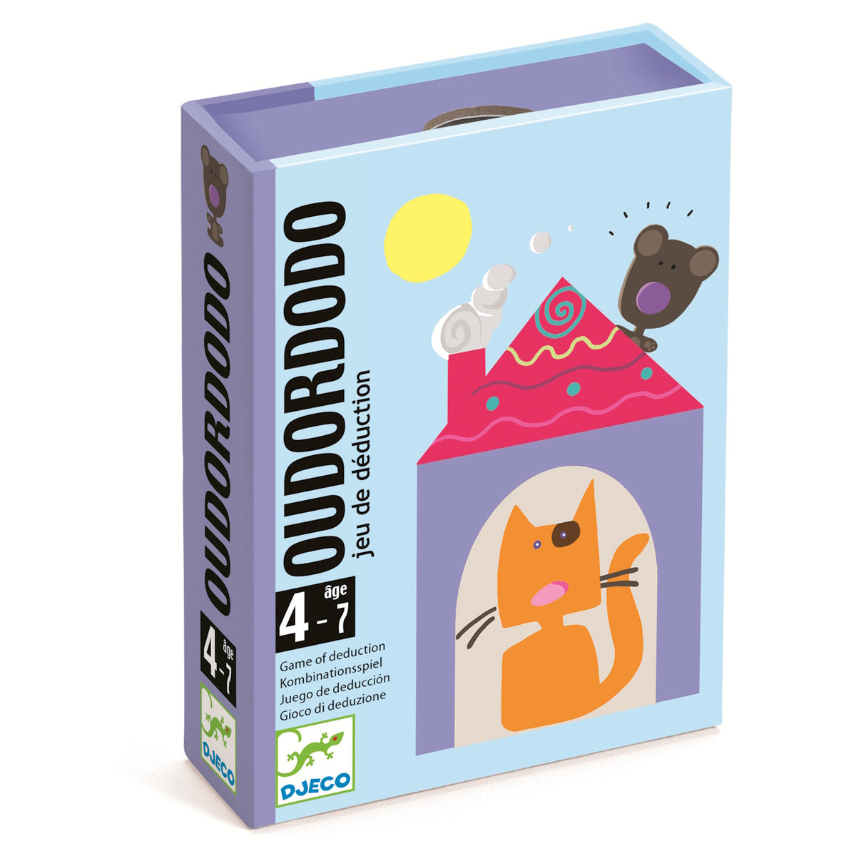 Box of a children's game titled "Oudordodo." Features a colorful house, a cartoon cat at the door, and a bear on the roof. Ages 4-7, deduction game.