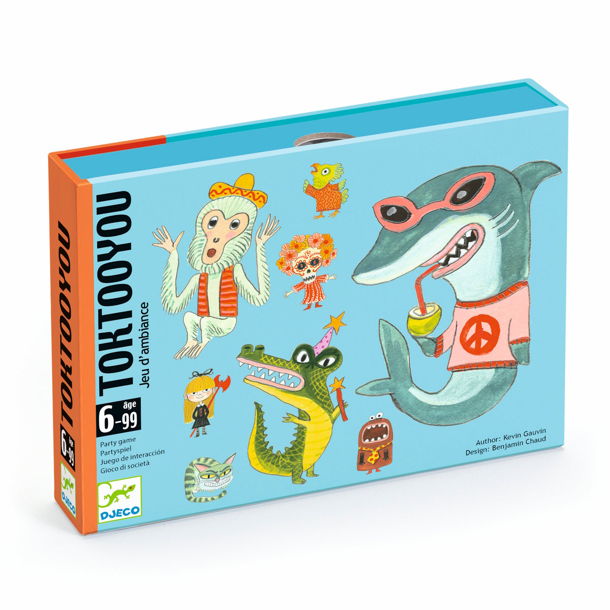 Blue game box titled "TOKTOOYOU" for ages 6-99. Features playful illustrated animals: a shark with glasses, a monkey, a crocodile, and various quirky characters.