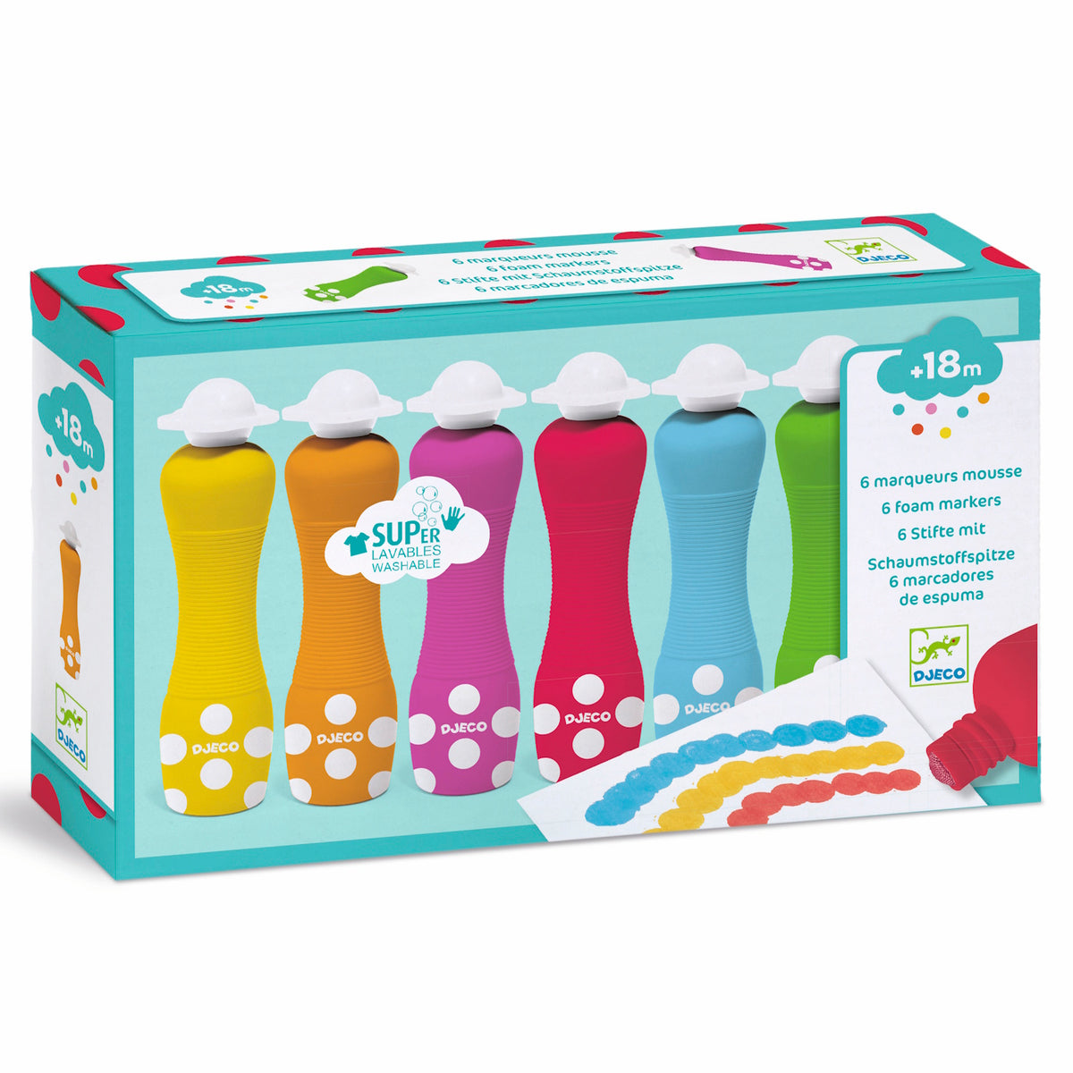 A set featuring chunky markers with soft foam tips, designed for little hands to create bold dots and shapes in vibrant colours.