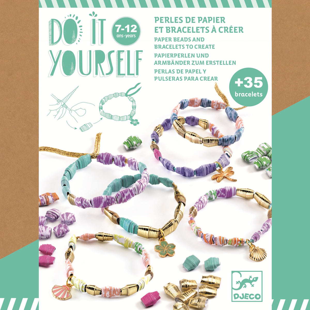 DIY bracelet kit packaging for ages 7-12, displaying colorful paper bead bracelets with gold accents and charms. The tone is creative and playful.