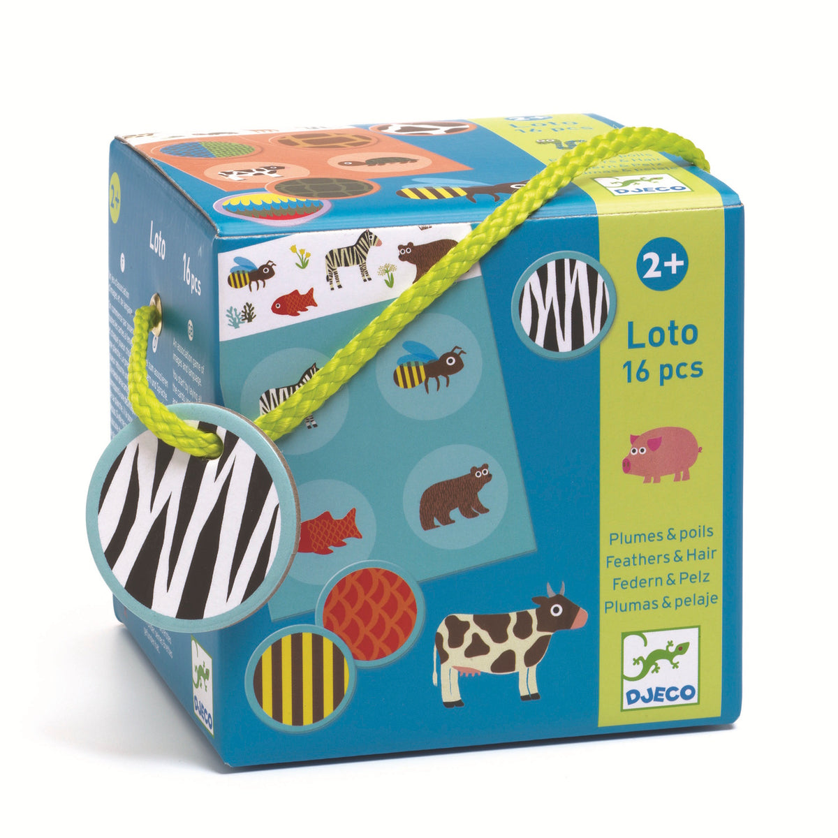 Colorful animal-themed toy box featuring images of animals like bees, bears, and zebras. It includes 16 pieces and is labeled for ages 2+. Cheerful design.