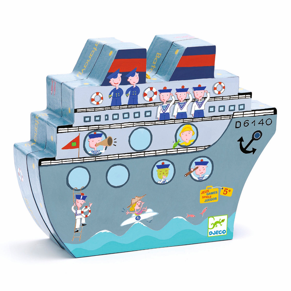 Illustrated box shaped like a ship with cartoon sailors waving, and passengers visible through portholes. Fun, playful design for ages 5+.