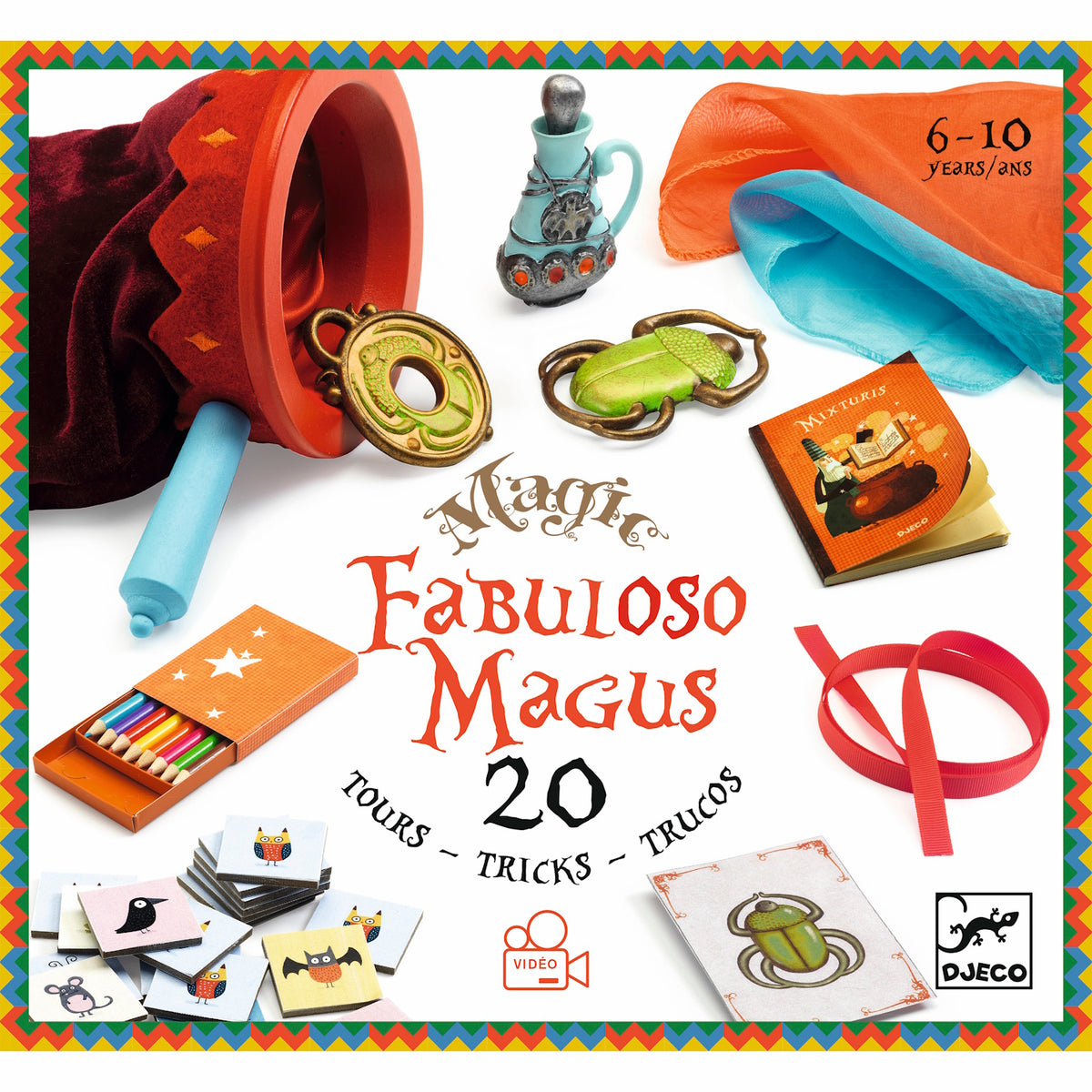 Colorful magic trick set for ages 6-10. Includes props like rings, scarves, and cards. "Fabuloso Magus" text centered. Vibrant, playful design.