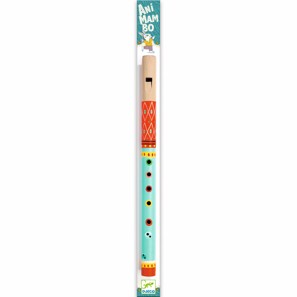 Colorful wooden flute with decorative patterns in red, green, and yellow, resting on a white background.