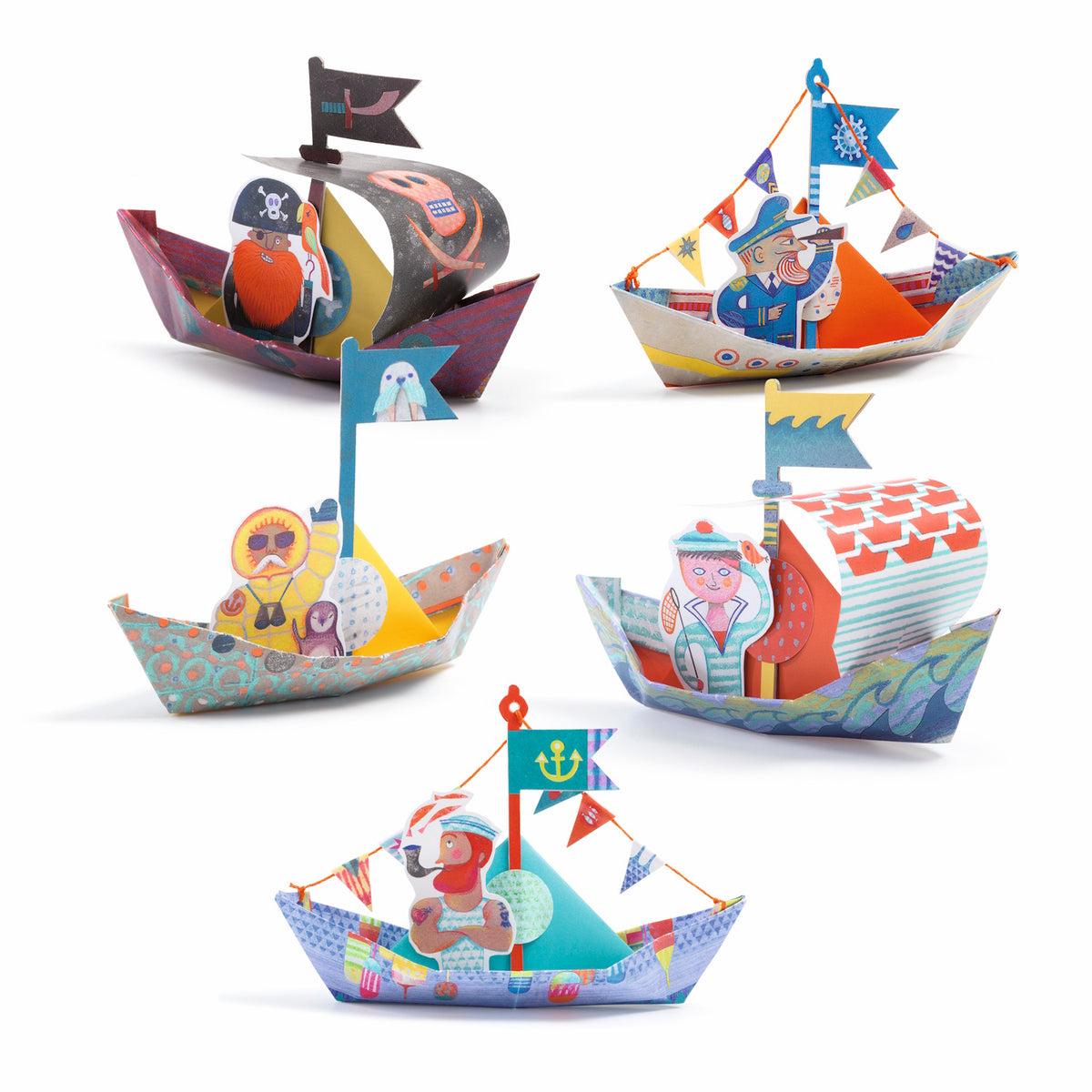 With brightly colored, coated paper boats designed to float on water after folding.