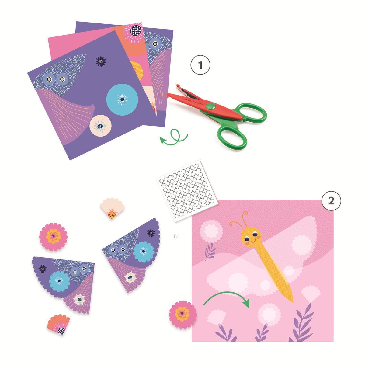 The set includes 9 illustrated sheets to cut out, 4 illustrated cards to decorate, 1 pair of crinkle-cut scissors (offering two different cutting styles), a sheet of double-sided stickers, and a step-by-step instruction booklet.