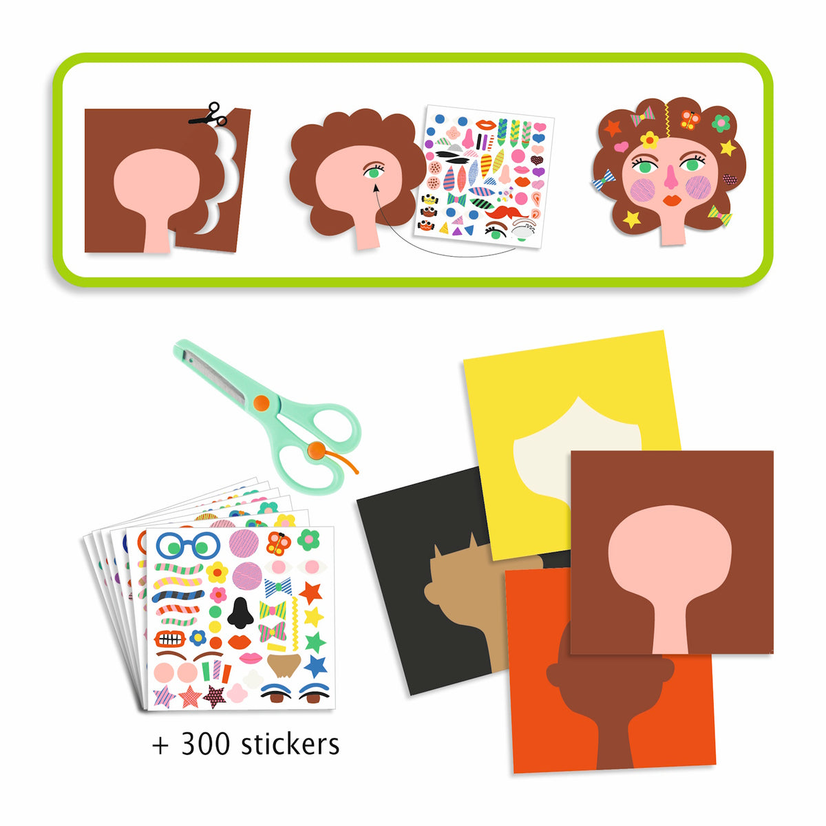 The set includes four pre-printed paper sheets, over 300 stickers, and a pair of child-friendly scissors.