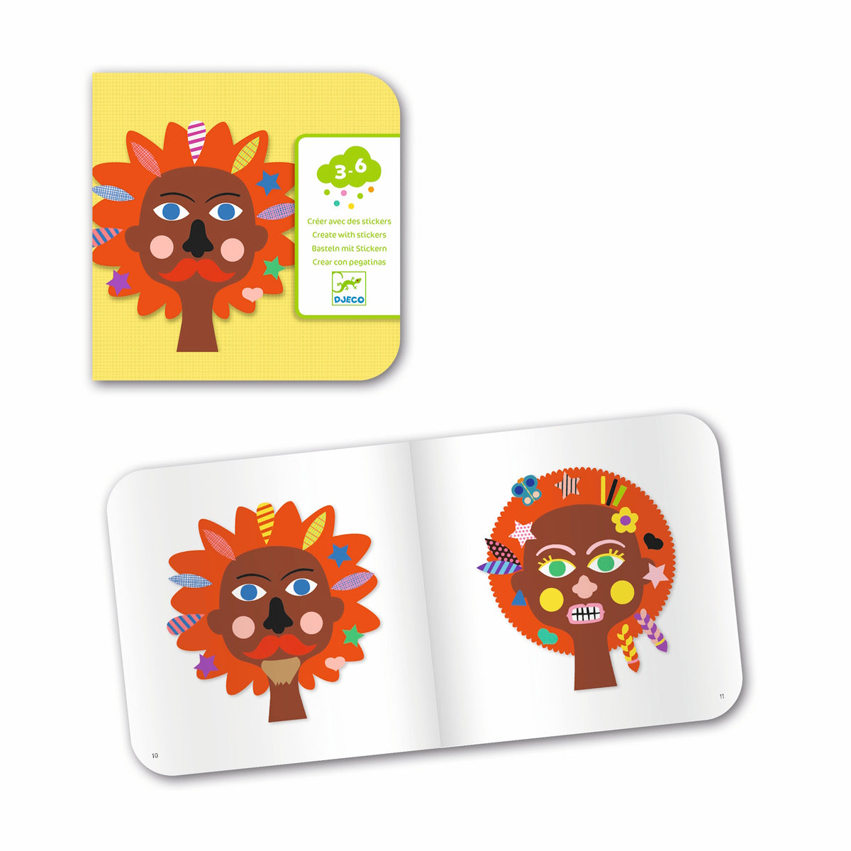 The set includes four pre-printed paper sheets, over 300 stickers, and a pair of child-friendly scissors.