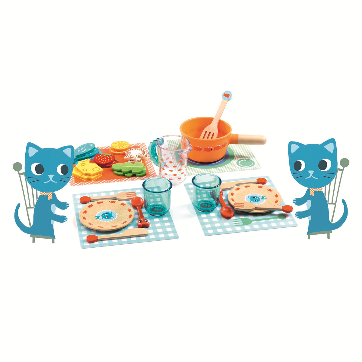 A colorful children's play dining set with two plates, cups, utensils, and toy food, accompanied by two cartoon cats.
