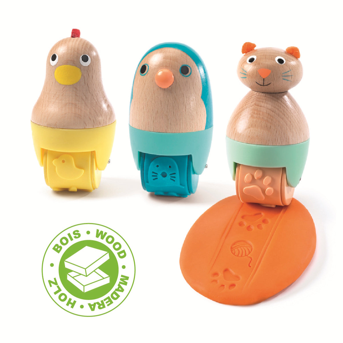 Three wooden rolling pins featuring animal designs - typically a bird, a fish, and a cat.