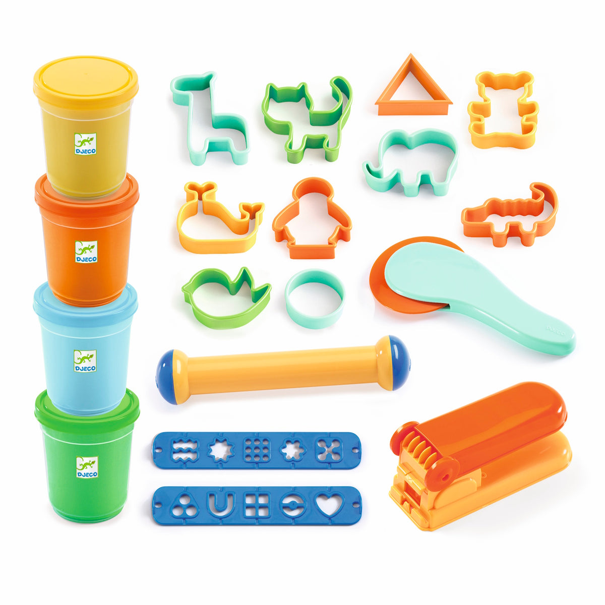 The kit includes four pots of ultra-soft, scented play dough in yellow, green, orange, and blue, each containing 140g. It also features 15 sturdy accessories tailored for little hands, such as a press, pattern templates, a cutter, a rolling pin, and 12 shaped cutters.