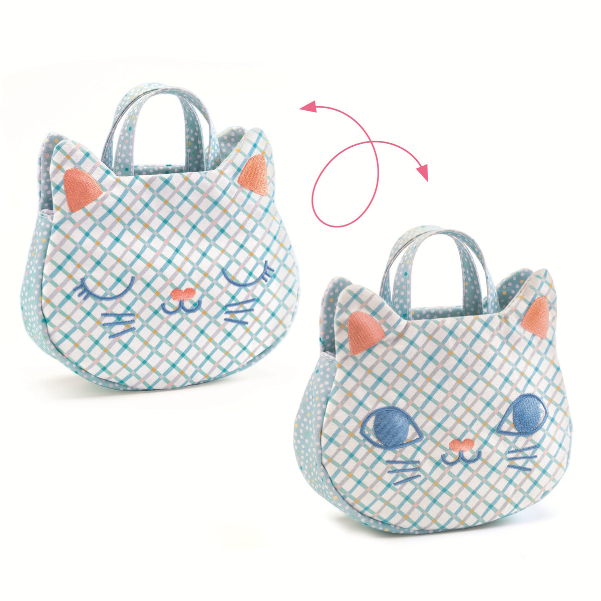 The handbag is beautifully embroidered in the shape of a cat's head, with one side depicting a playful awake cat and the other a peaceful sleeping cat.