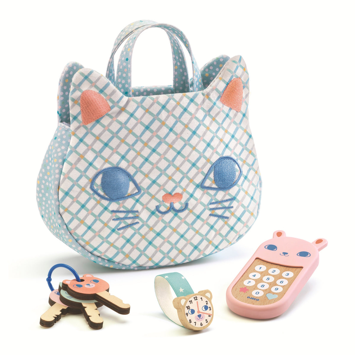 The handbag is beautifully embroidered in the shape of a cat's head, with one side depicting a playful awake cat and the other a peaceful sleeping cat.